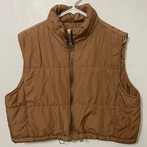 Thread Supply Quilted Puffer Vest Brown Cropped Stand Collar Full Zip Size L
